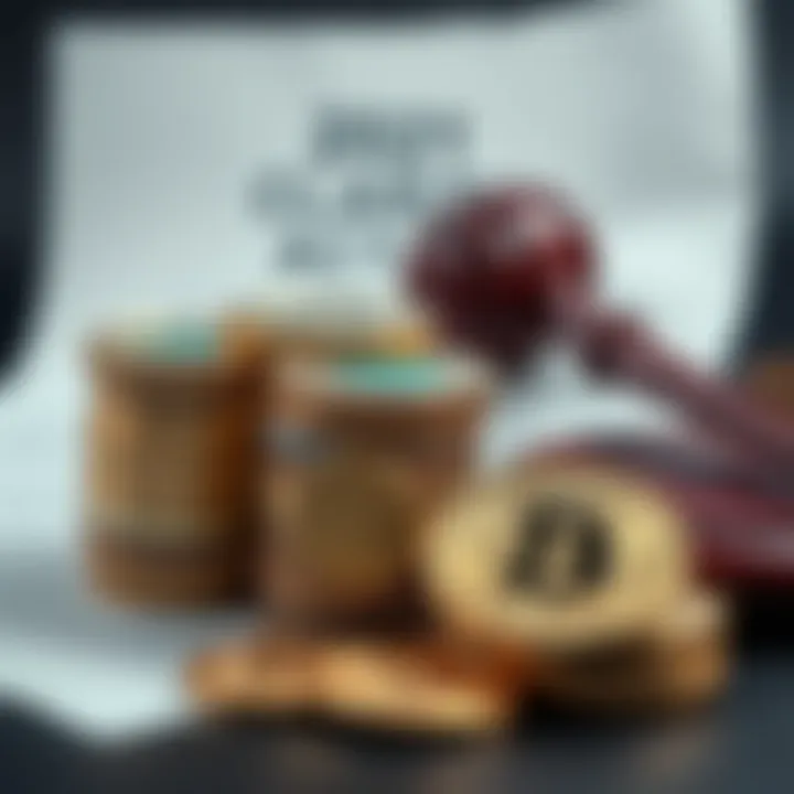 A stack of various cryptocurrency coins with a legal document and a gavel in the background, symbolizing the impact of new laws on crypto investment.