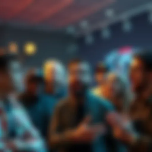 A group of people engaged in animated discussions about cryptocurrency theories, some appear confused while others are excited, reflecting different levels of understanding in the community.