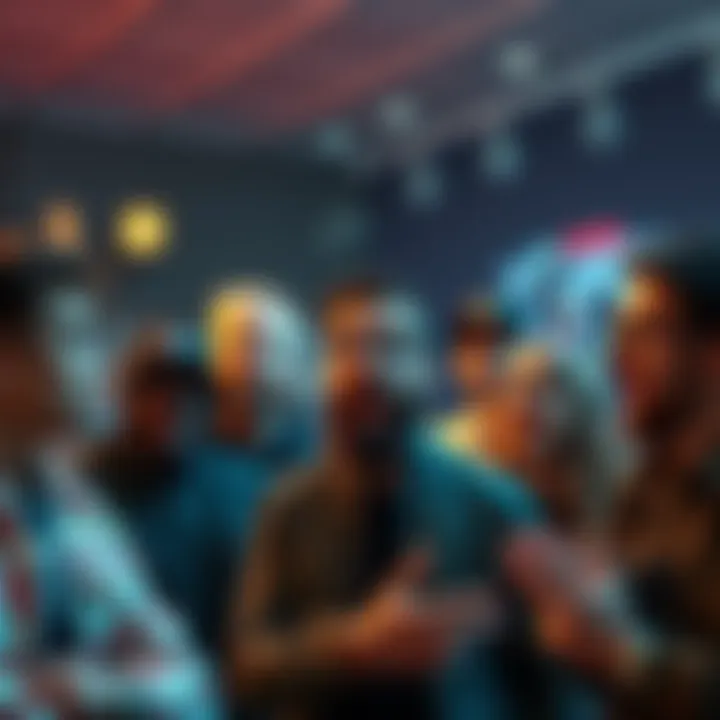 A group of people engaged in animated discussions about cryptocurrency theories, some appear confused while others are excited, reflecting different levels of understanding in the community.