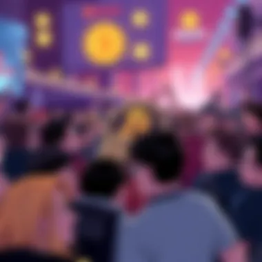 Illustration of a divided crowd of crypto enthusiasts discussing a Bitcoin theft, showing different emotions like anger and admiration.
