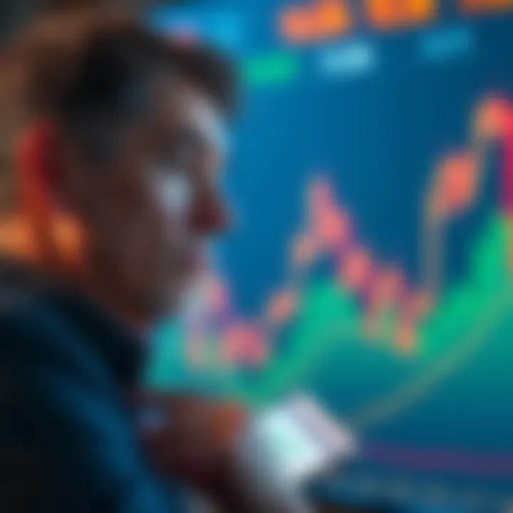 An investor contemplating a sell decision on crypto holdings with a chart showing fluctuating prices in the background.