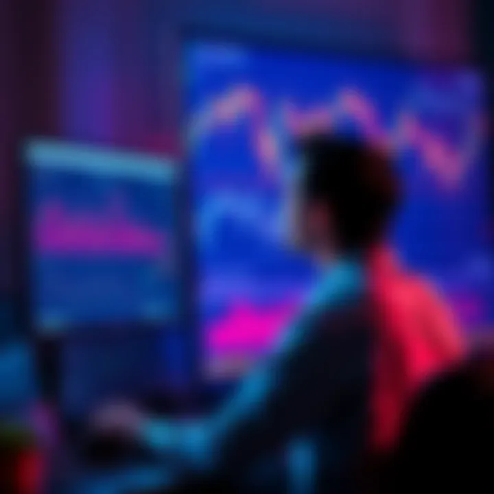 A person looking at their computer screen, contemplating crypto choices with charts and graphs in the background