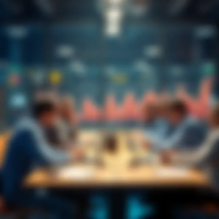 A group of people discussing cryptocurrency at a table with laptops and charts