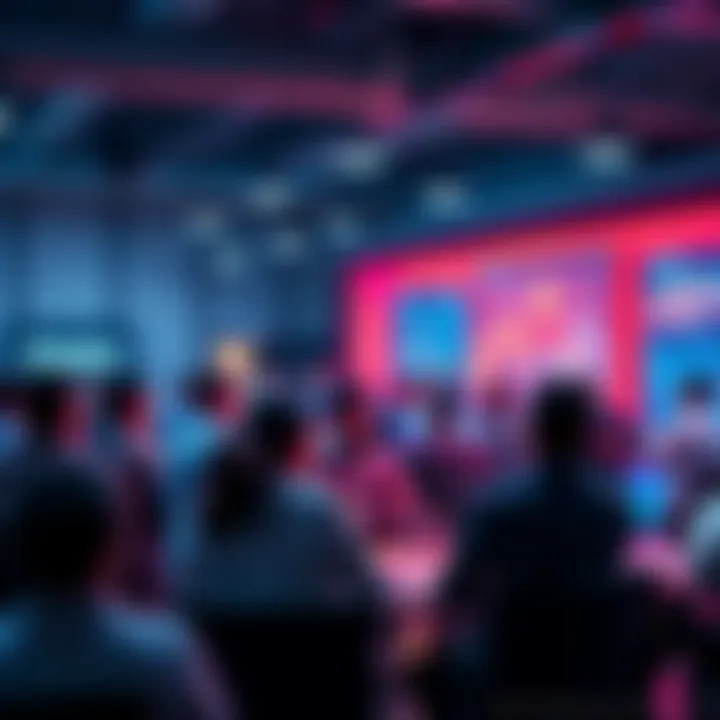 Group of people engaging in a conversation about cryptocurrency with charts and digital coins in the background.