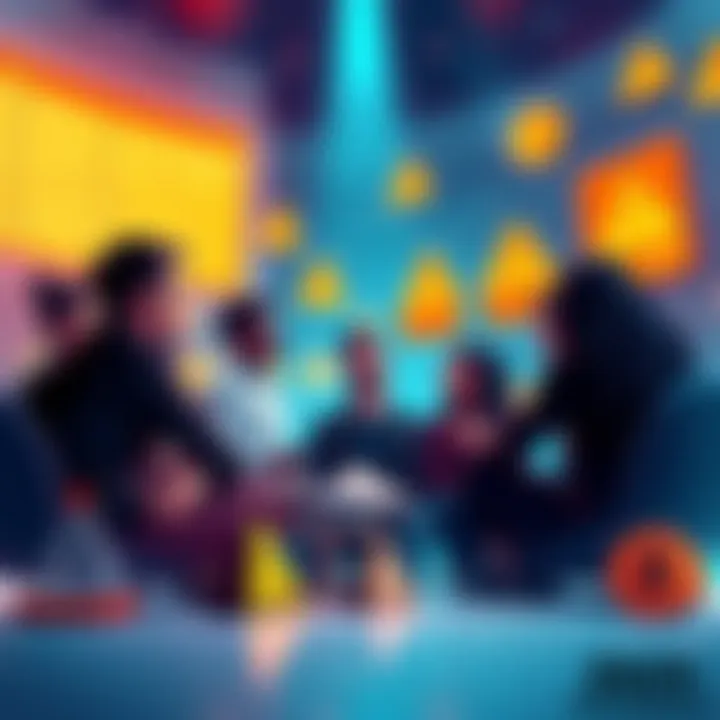 A group of people discussing cryptocurrency with caution signs and warning symbols around them, highlighting the importance of safety and verification in trading,