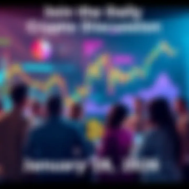 A group of people discussing cryptocurrency with charts and graphs in the background
