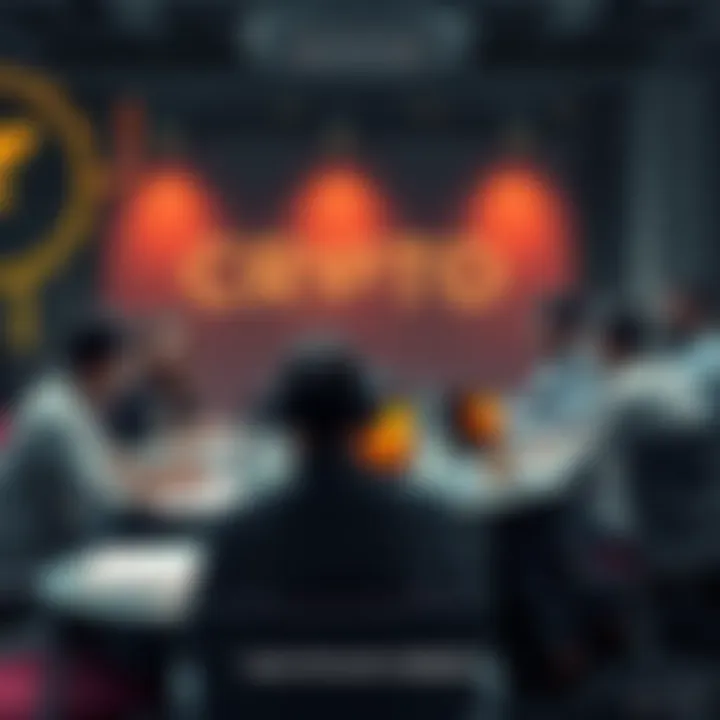 A group of people discussing cryptocurrency information around a table with laptops and notebooks