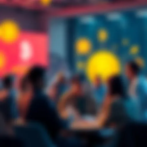 People engaging in a cryptocurrency discussion, sharing tips and warnings about potential scams, with digital currency icons in the background.