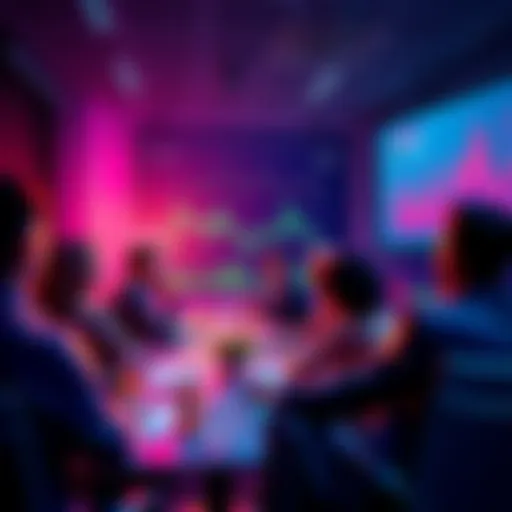 A group of people discussing cryptocurrency in a forum setting, with charts and graphs on a screen in the background.