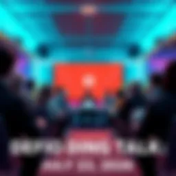 Crypto Discussion Forum Group of people discussing cryptocurrency and DeFi strategies in an open forum setting