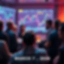 People engaged in a lively discussion about cryptocurrencies with charts and graphs on a screen in the background.