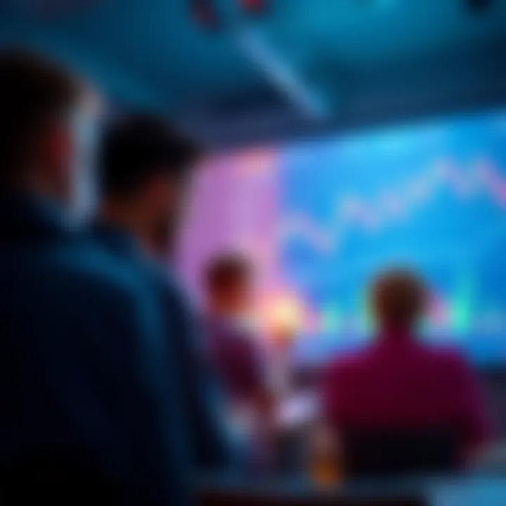 A group of people discussing cryptocurrency trends with charts and graphs on a screen, emphasizing caution and smart trading.