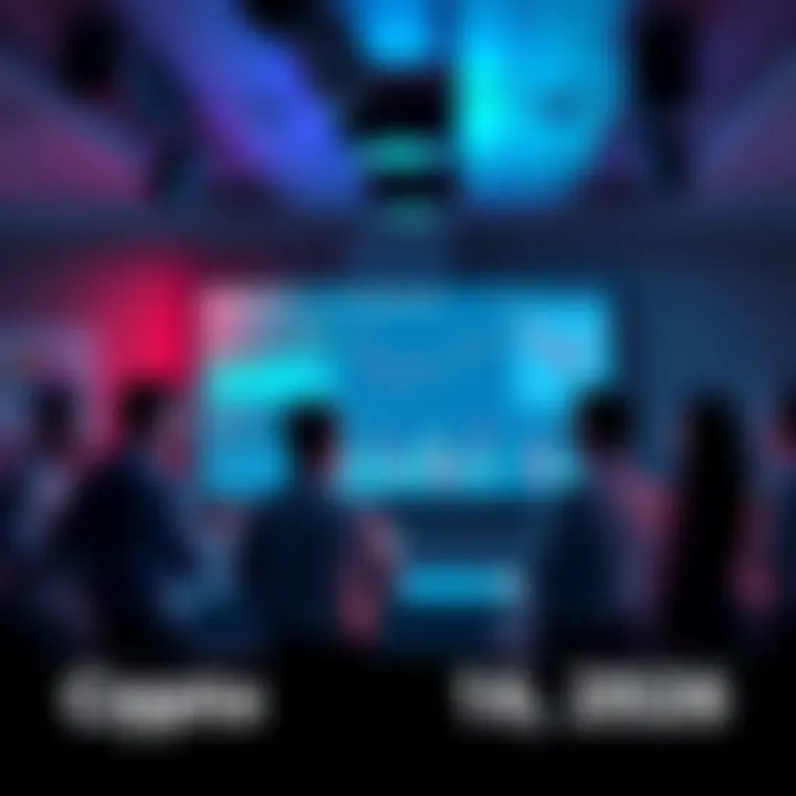 Crypto Discussion Group A gathering of people discussing cryptocurrency trends and tips, with charts and graphs on a screen.