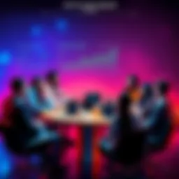 Crypto Discussion Group A group of people discussing cryptocurrency trends and sharing tips at a round table, with digital devices and charts visible.