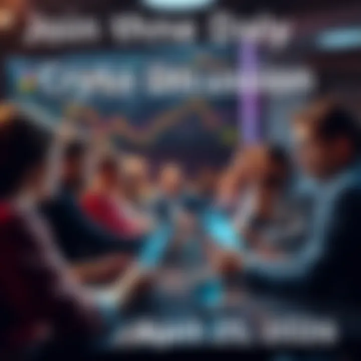 People engaging in a cryptocurrency discussion with charts and laptops