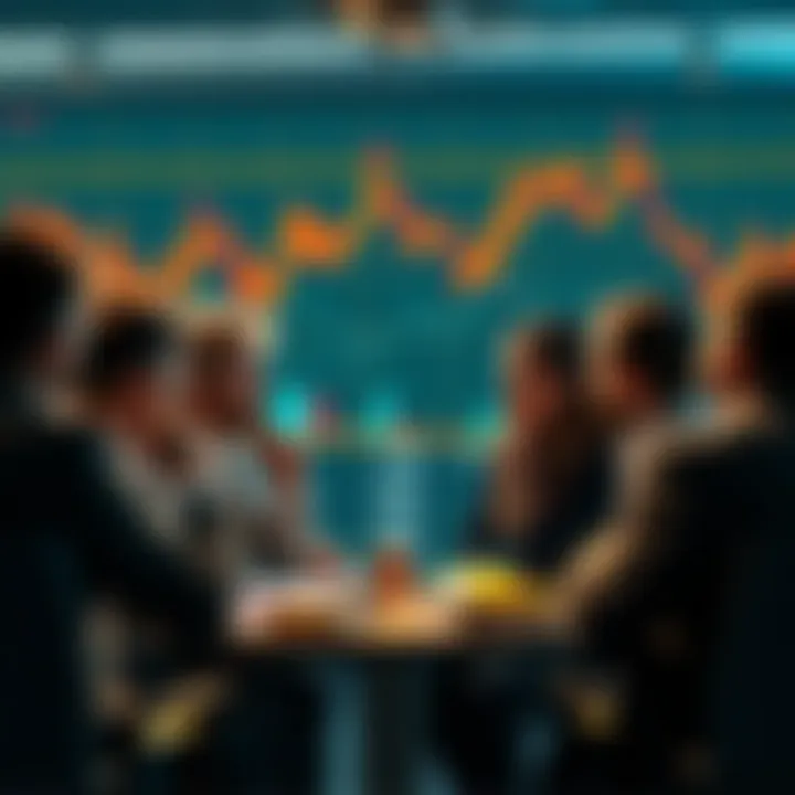 A group of people engaging in a lively discussion about cryptocurrency, sharing tips and insights, with charts and graphs in the background.