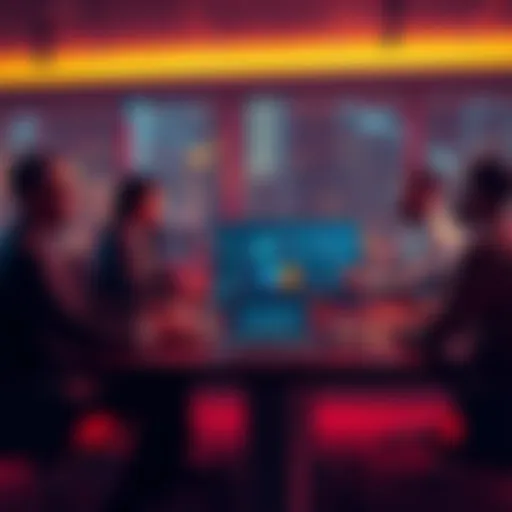 A group of people discussing cryptocurrency with charts and laptops at a meeting table