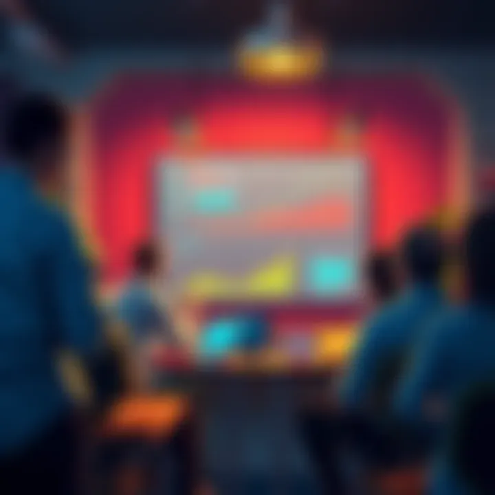 A group of people discussing cryptocurrency trends in a casual setting with charts and graphs on a screen.