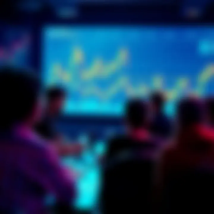 A group of people discussing cryptocurrency with charts and graphs in the background, highlighting key tips for safe trading.