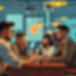 A diverse group of people engaged in a lively discussion about cryptocurrency in a cafe setting.