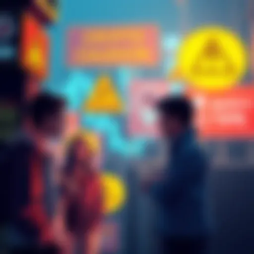 People engaging in a conversation about cryptocurrency trading with caution signs and safety tips in the background