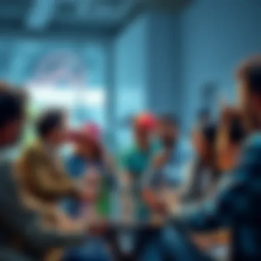 A diverse group of people engaged in a lively discussion about cryptocurrency in a casual setting.