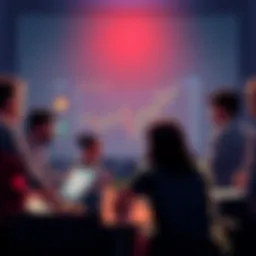 A group of people engaging in a discussion about cryptocurrencies with charts and laptops around them.