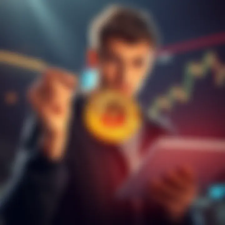 Crypto Enthusiast Holding Bitcoin A determined crypto enthusiast holding a Bitcoin while looking at a graph showing a price drop