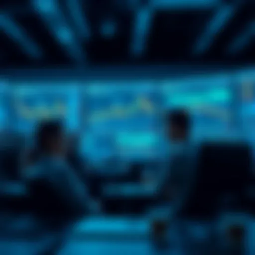 A group of people reviewing charts and digital currencies on screens, showing a calm and focused atmosphere