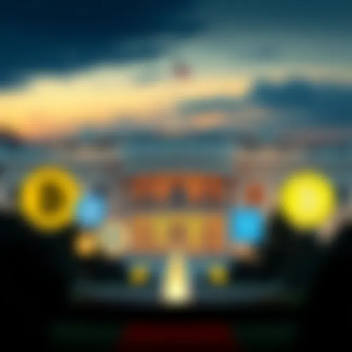 Crypto Firms Support Trump A group of cryptocurrency logos with a background of the White House, symbolizing financial support for Trump's inauguration.