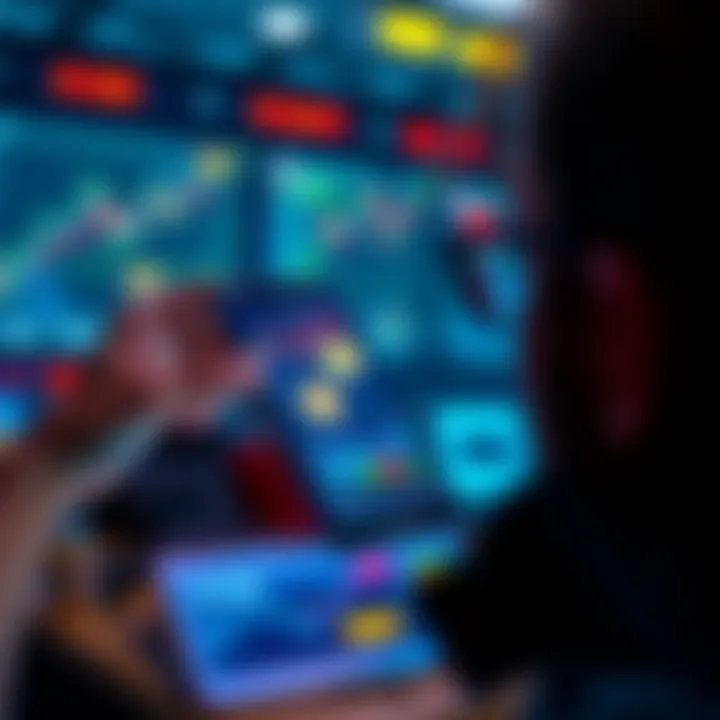 Person looking at cryptocurrency apps on a smartphone with charts and coins on the screen