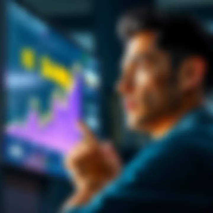 A person looking at a digital screen showing a rising cryptocurrency value from $100 to $400, with a thoughtful expression, contemplating their next move.