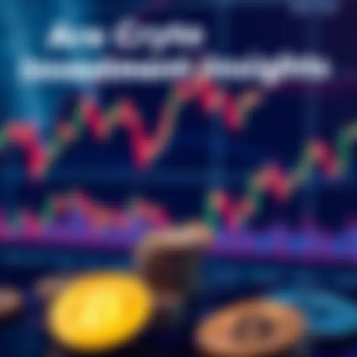 A stock market chart showing fluctuating cryptocurrency prices with coins in the foreground