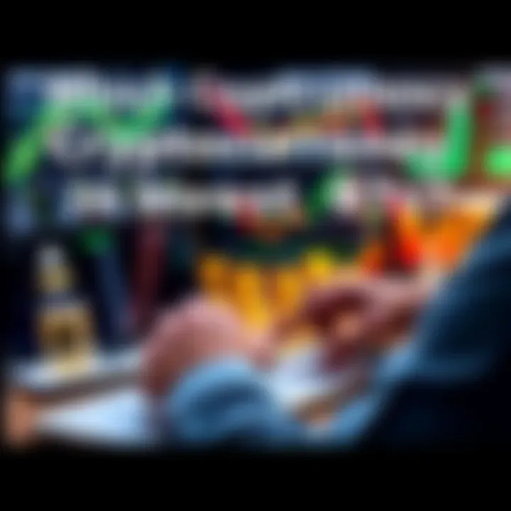 A person analyzing various cryptocurrencies on a laptop with charts and graphs in the background