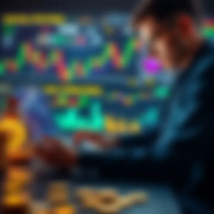 A person analyzing cryptocurrency data on a laptop, surrounded by digital coins and financial charts.