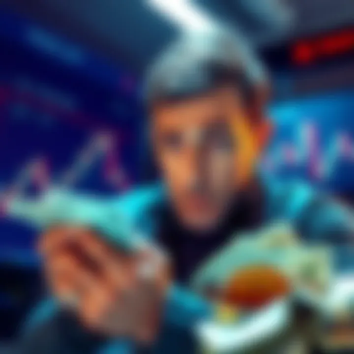 A seasoned investor counting cash while looking at a cryptocurrency graph with a worried expression, symbolizing market concerns.