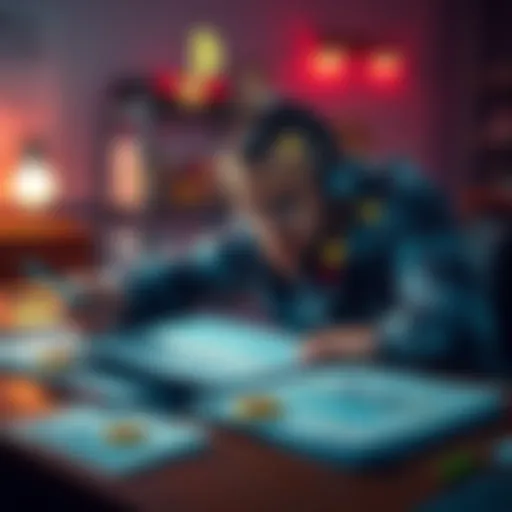 A person worriedly looking at a financial report with cryptocurrency symbols and IRS paperwork on the table