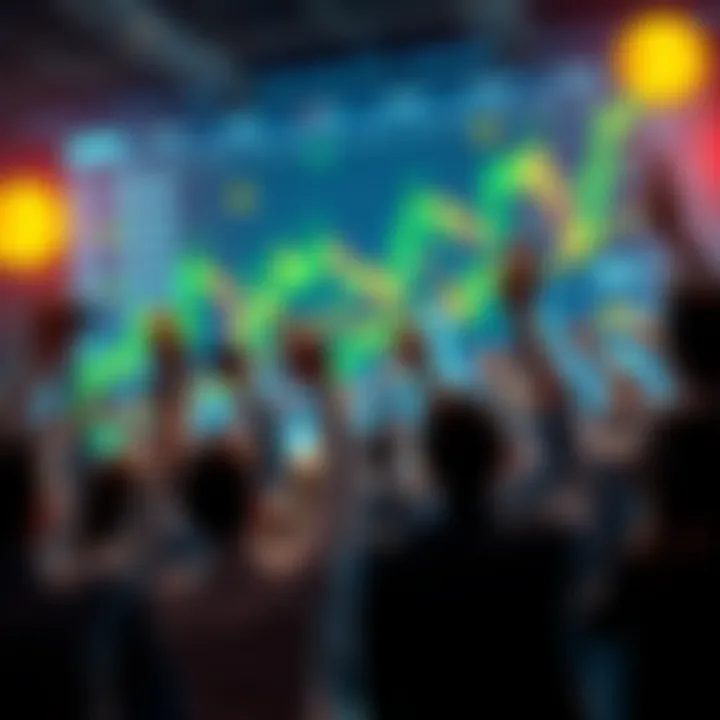 Investors celebrate as crypto prices rise, showing charts and digital currency symbols in the background.