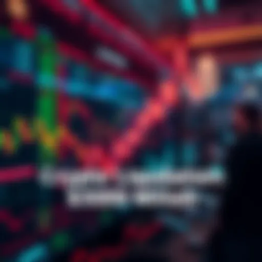 A graphic showing a downward trend in cryptocurrency prices with a background of worried traders and charts.