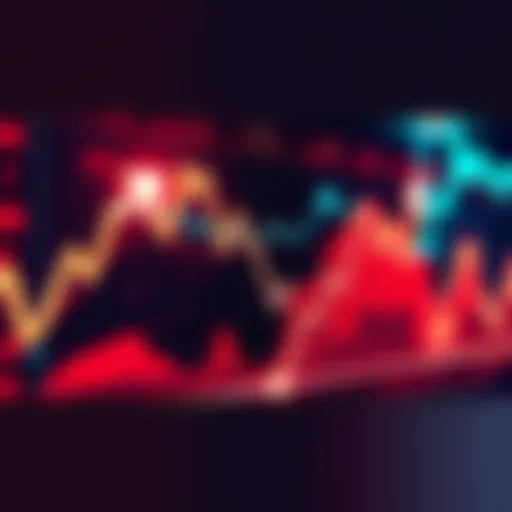 A digital graph showing the rise and fall of cryptocurrency values with arrows indicating sharp changes.