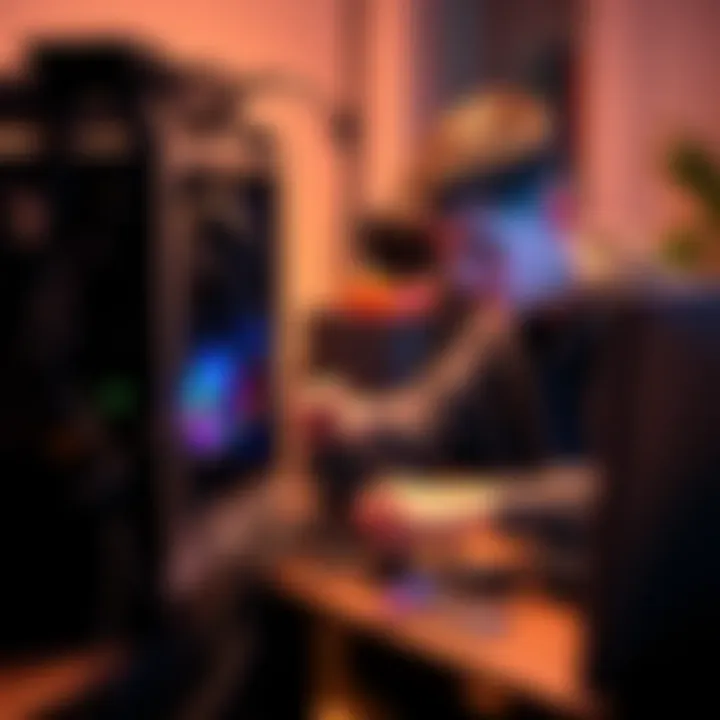 Person setting up a cryptocurrency mining rig A young individual assembling a crypto mining rig with computer hardware and cables in a home setting