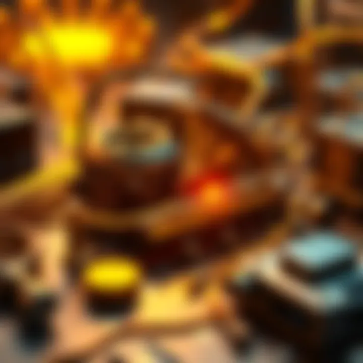 Exploring Cryptocurrency Mining Techniques A detailed visualization of cryptocurrency mining tools and techniques with a digital gold theme