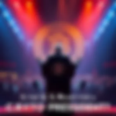 A person stands at a podium with a cryptocurrency symbol behind them, addressing a crowd.