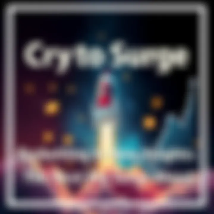 A rocket launching into the sky with a background of rising cryptocurrency symbols and charts, symbolizing market growth.