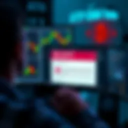 Crypto Trading and ATO Warning A person looking at a computer screen showing cryptocurrency charts and an email notification from the ATO about capital gains tax reporting.