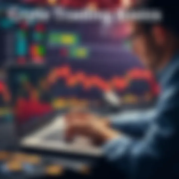 A beginner analyzing cryptocurrency charts on a laptop with graphs and digital coins visible