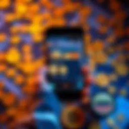 A person holding a smartphone displaying a cryptocurrency wallet while coins are scattered around, representing digital asset ownership.