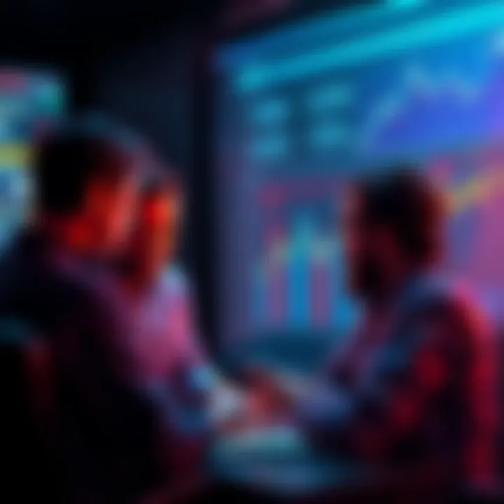 Group of people discussing cryptocurrency earnings and investment strategies with graphs and charts in view
