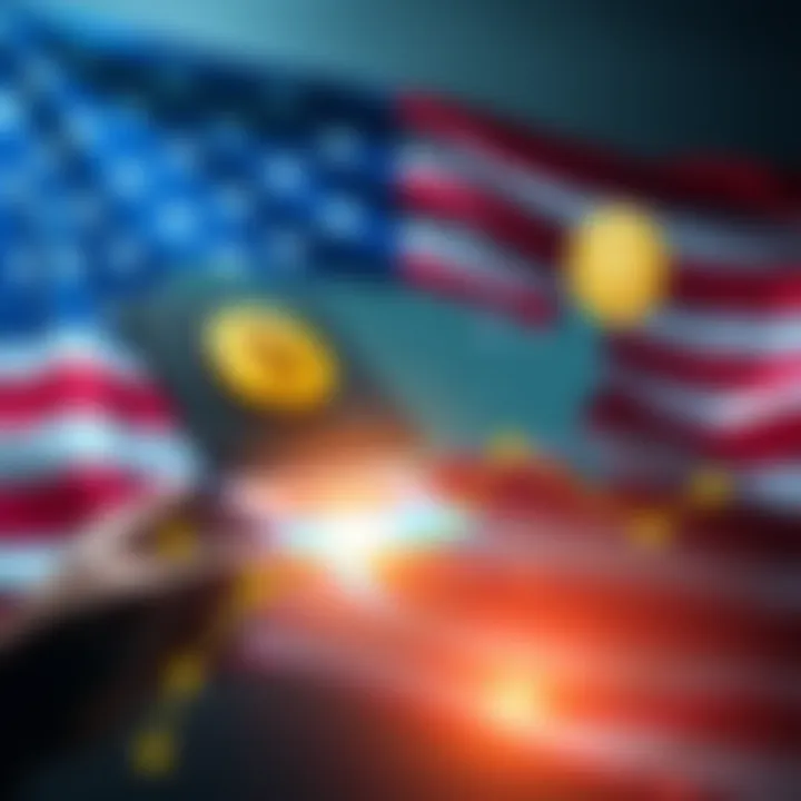 A graphic showing immigrants using cryptocurrency to send money with a digital wallet and a currency symbol, against a backdrop of the US flag and a map indicating international remittances.