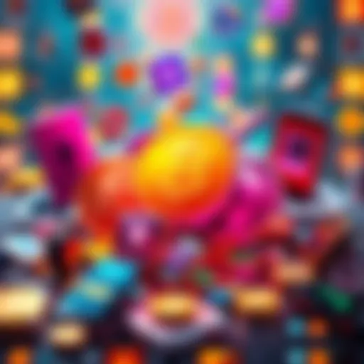 A colorful representation of cryptocurrency logos like Bitcoin and Ethereum with advertisements popping up around them, indicating the revival of crypto advertising.